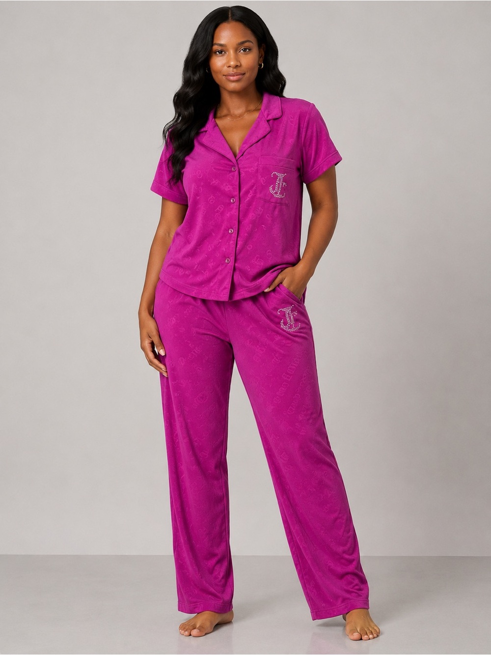 Juicy Couture Fuchsia Plush Short-Sleeve Button Pajama Set